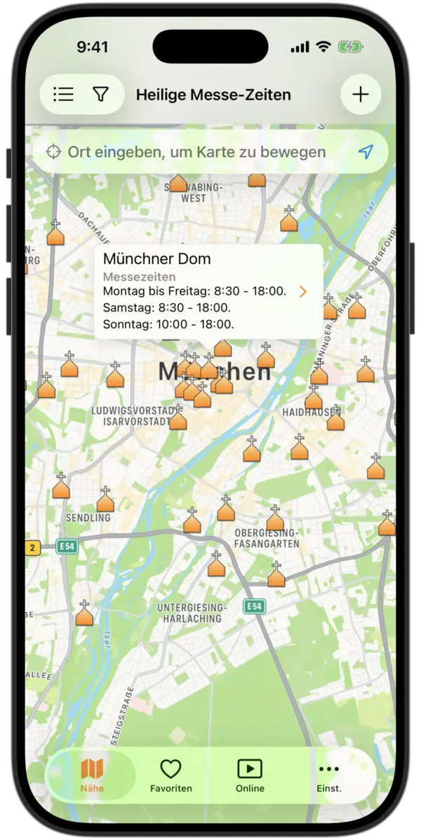 Heilige Messe Zeiten App - Karte katholischer Kirchen in meiner Nähe