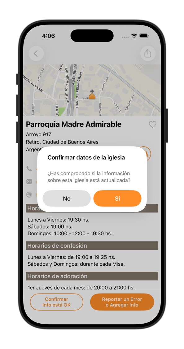Confirmar información de iglesia - Apps Horarios de Misa - Horarios de Misa