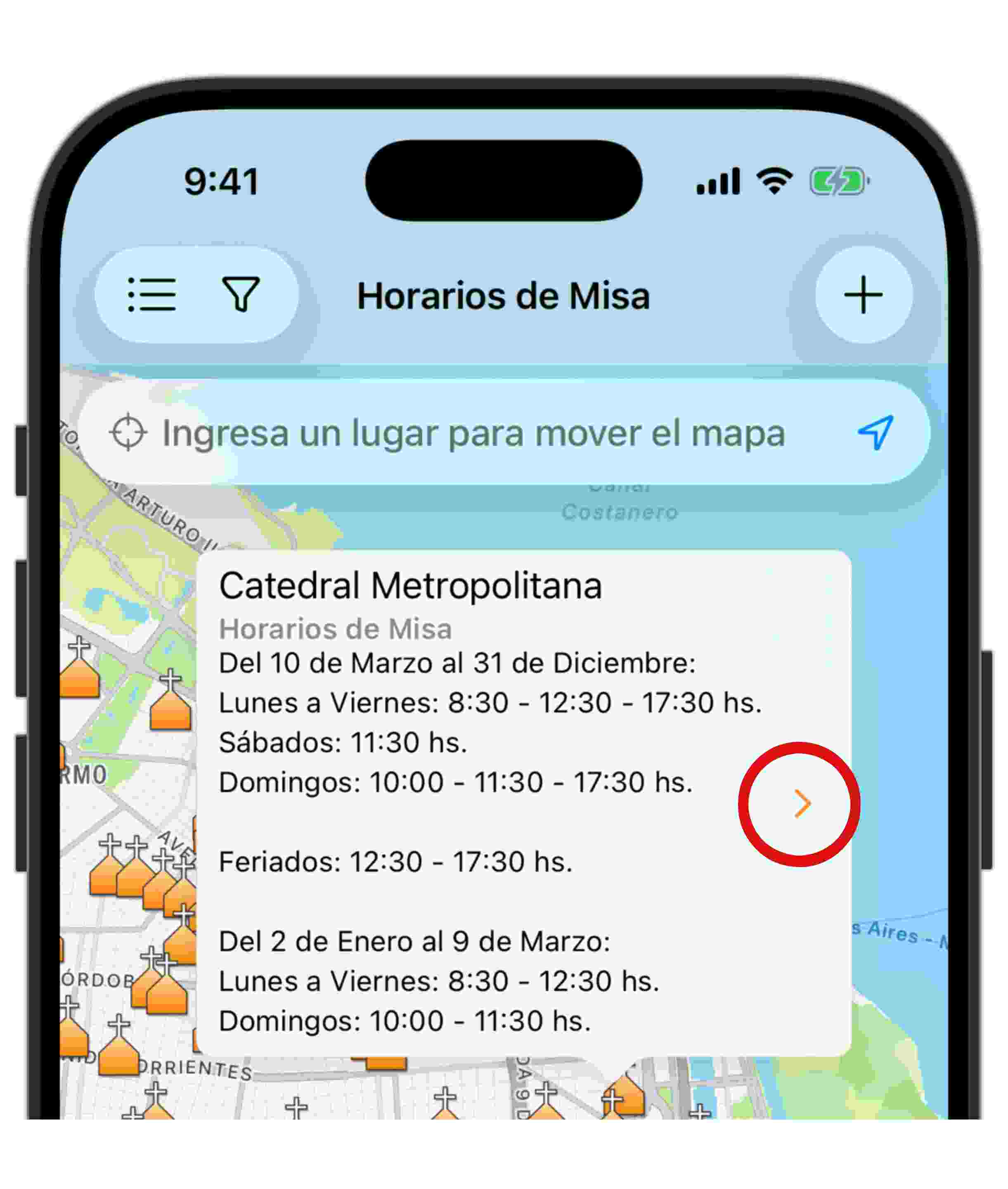 Flecha vista previa iglesia - App Horarios de Misa - Horarios de Misa