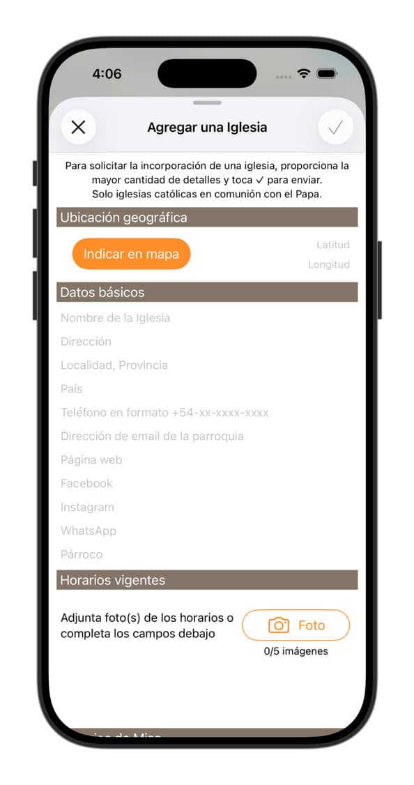 Formulario para agregar una iglesia - App Horarios de Misa - Horarios de Misa