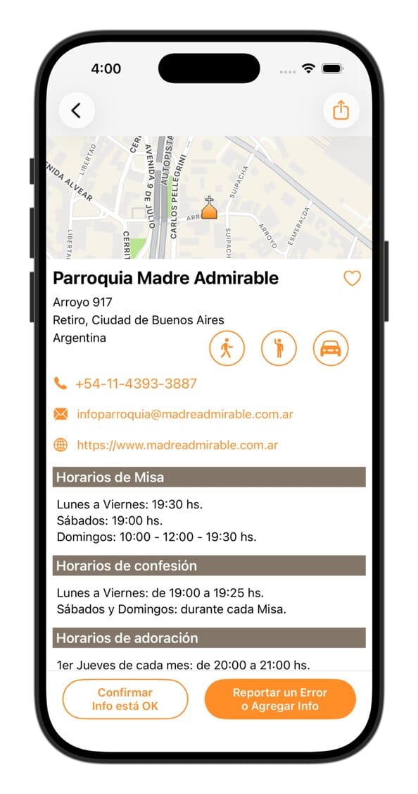 Información de la Iglesia (completa) - App Horarios de Misa - Horarios de Misa