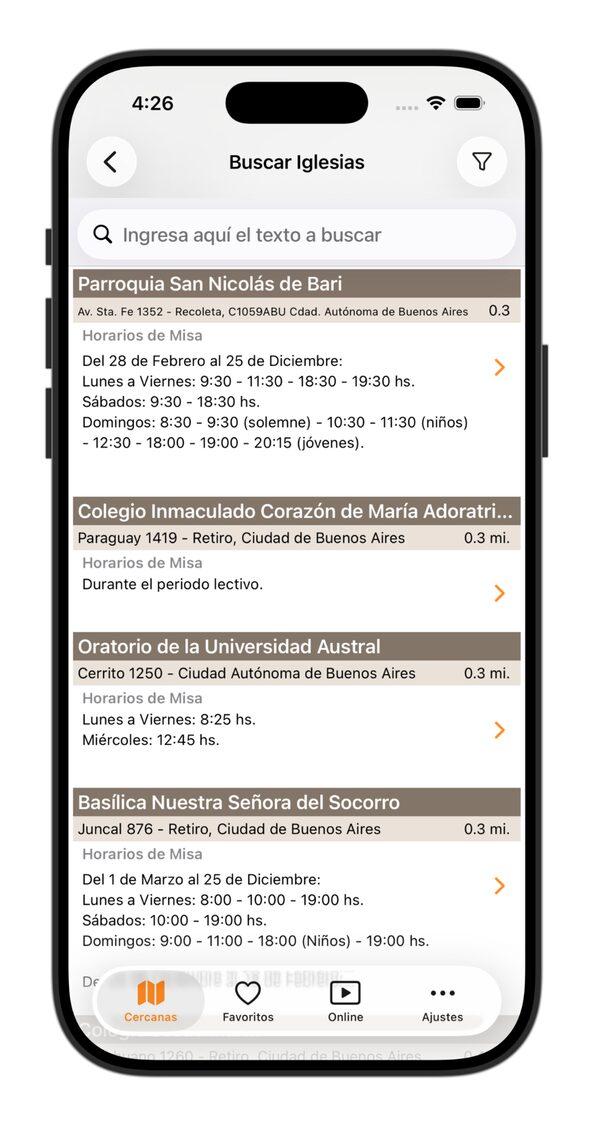 Lista de iglesias cercanas - App Horarios de Misa - Horarios de Misa